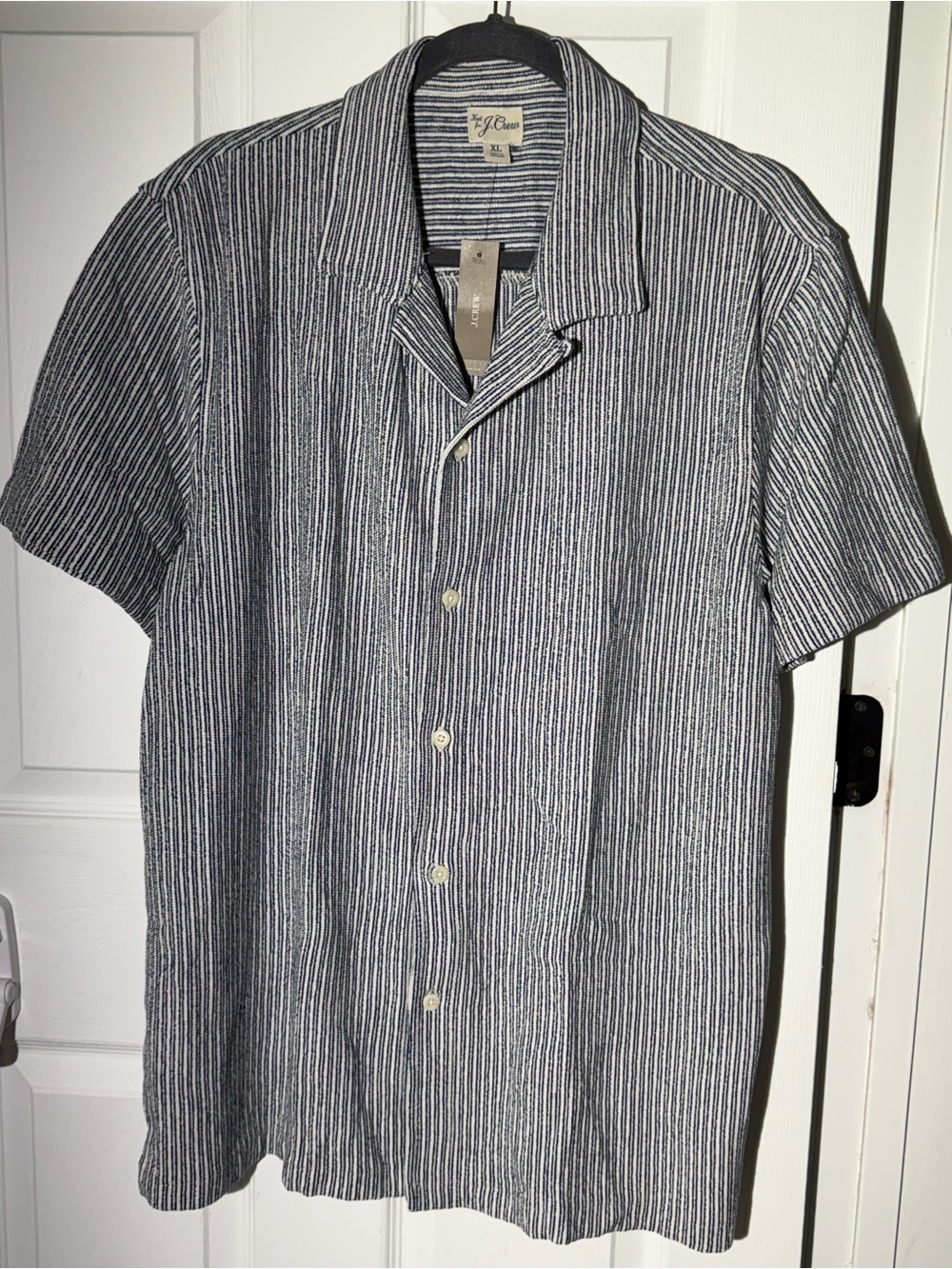 J. Crew Men's Navy and White Striped Short-Sleeve Button-Down Shirt